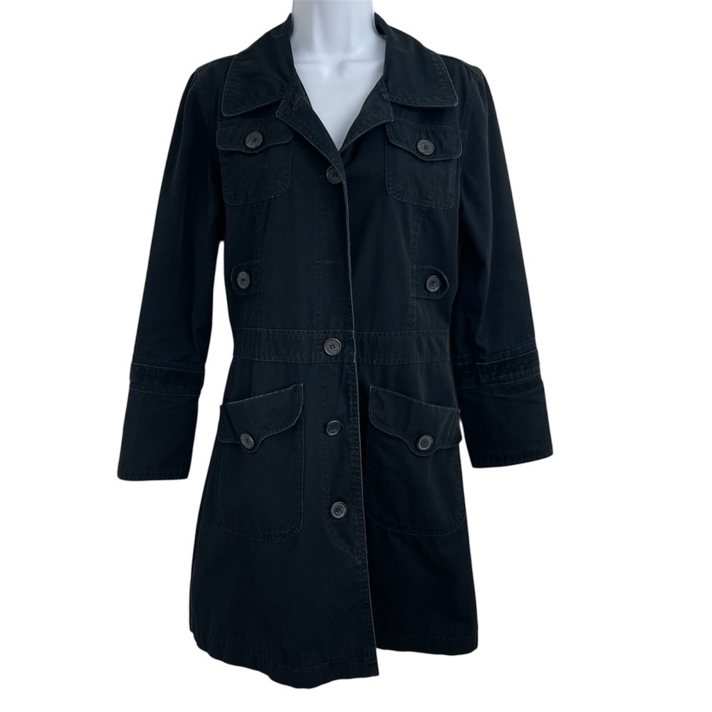 Anthropologie Tulle Pea Coat Large Cotton Blend Collared Trench Black Size M